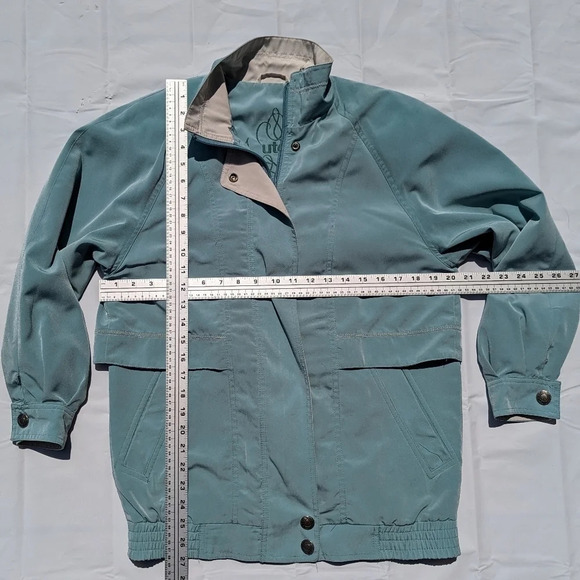 Vintage Teal Blue Green Cream Windbreaker Zip  Up Button Jacket Utex XS Woman - Picture 2 of 11